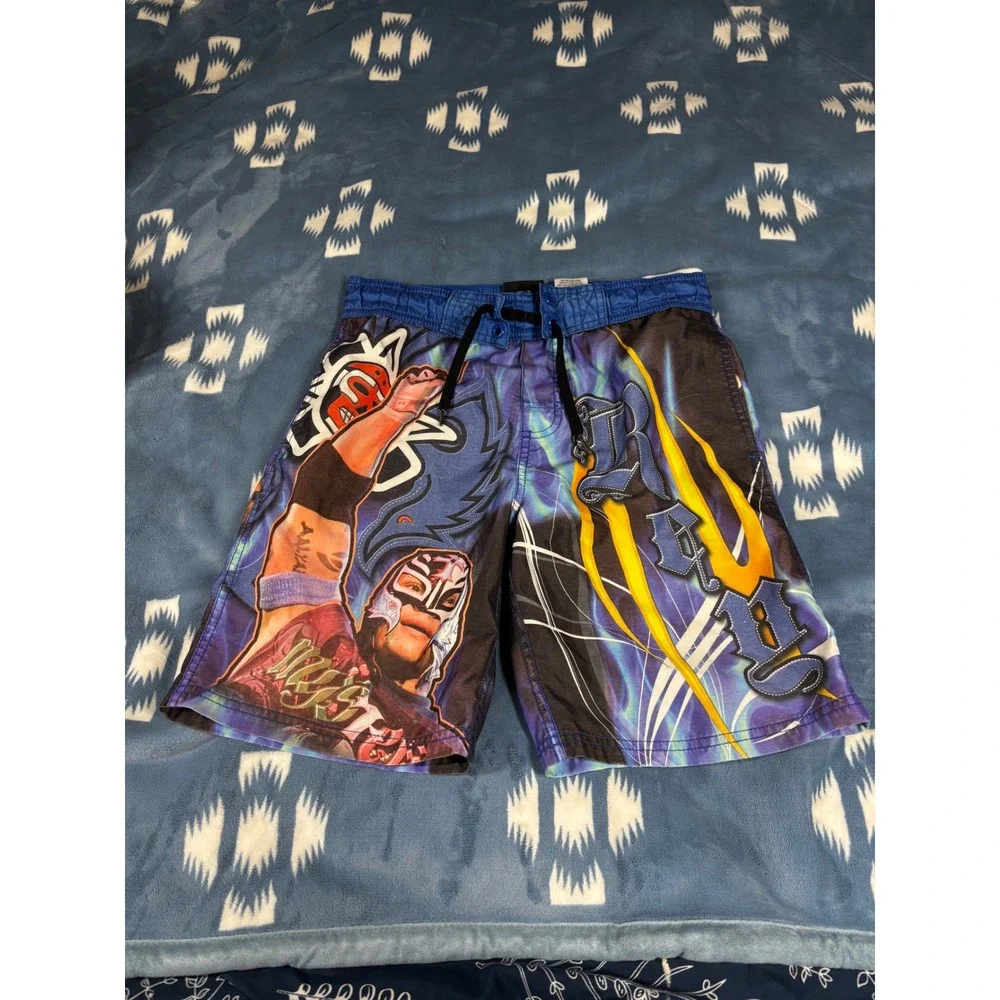 WWE Rey Mysterio Boys Swim Trunks Blue Graphic Board Shorts Size 8 Medium